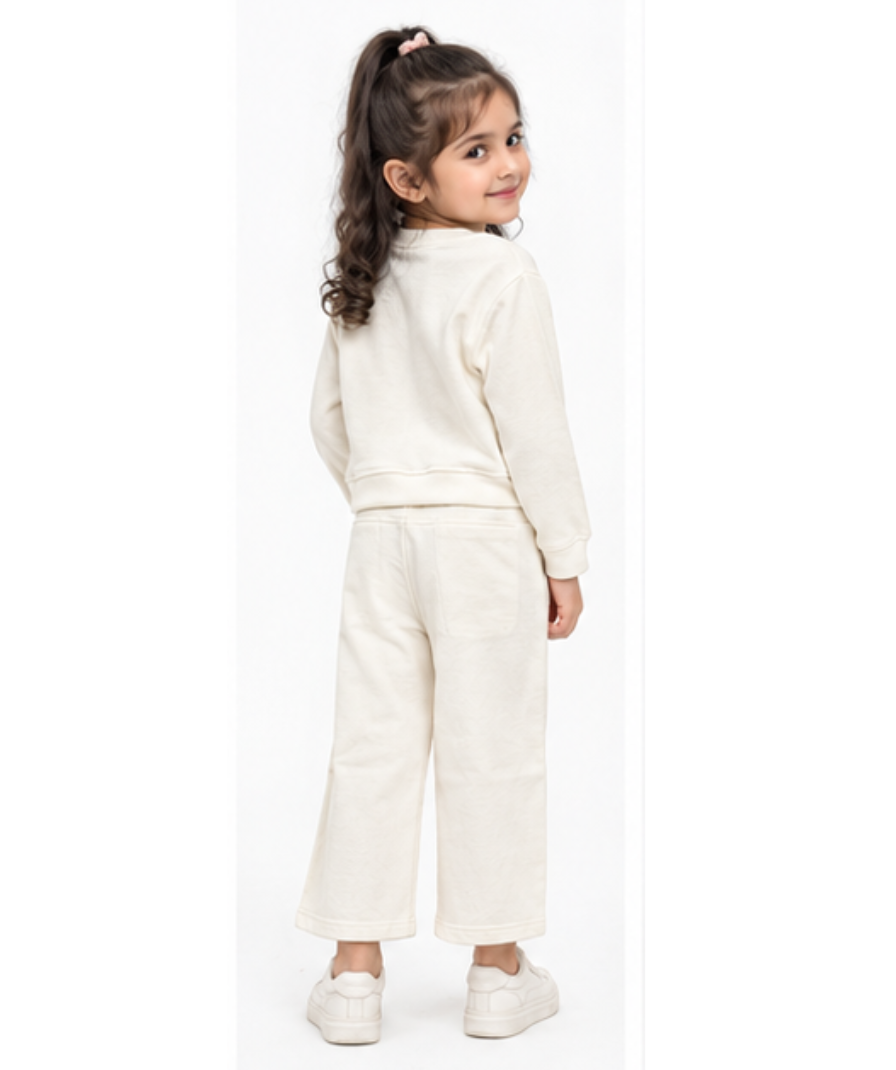 Girls’ Cream Full-Sleeve Sweatshirt & Wide-Leg Pants Set - Image 2