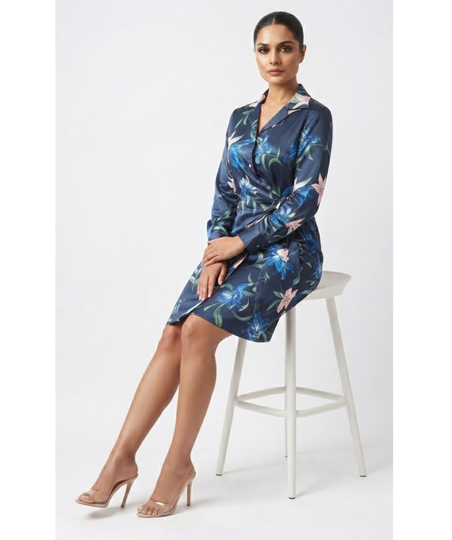 Navy Blue Floral Print Shirt Dress - Image 2