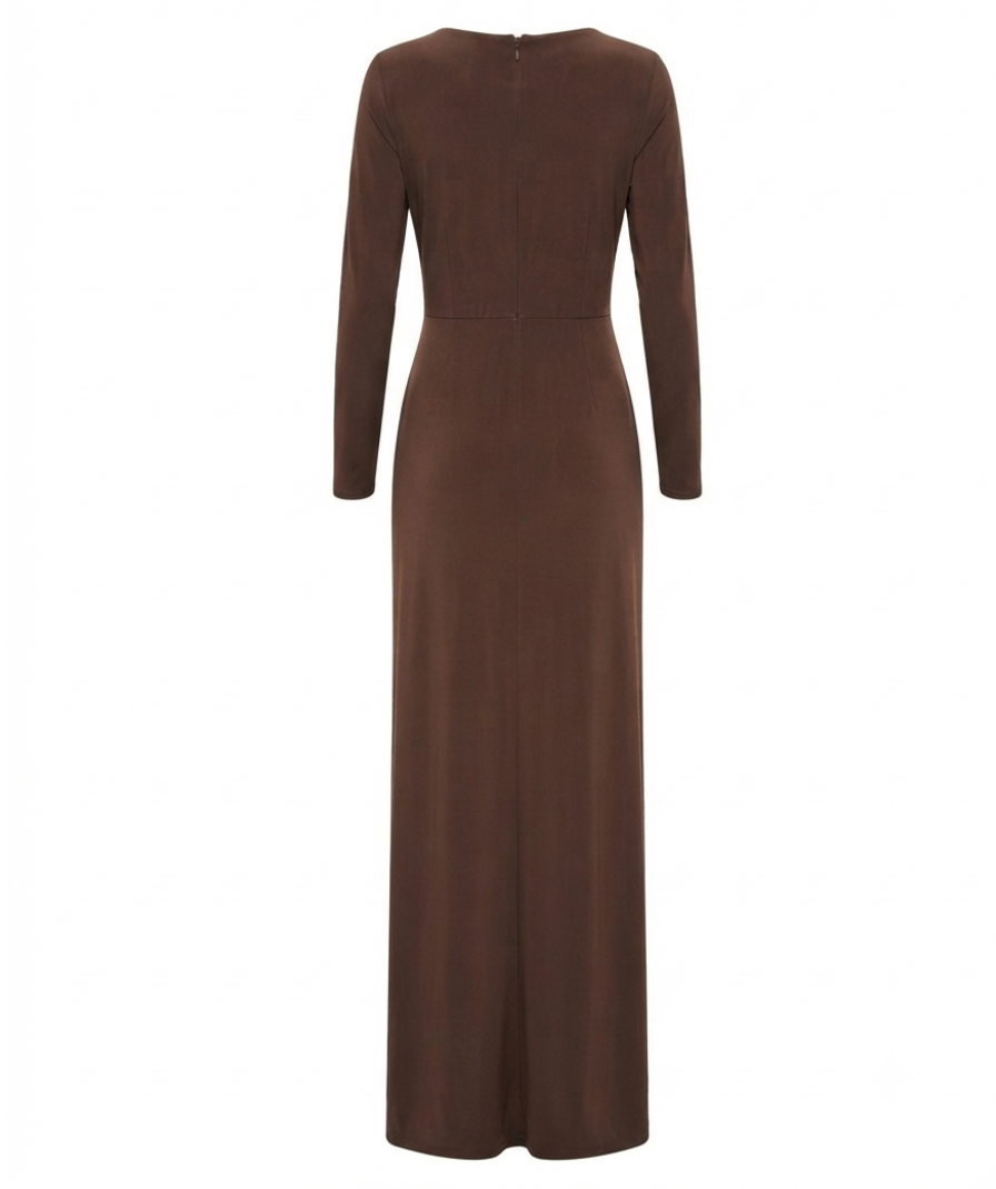 Chocolate Brown Solid V-Neck Ruched Waist Maxi Dress - Image 3