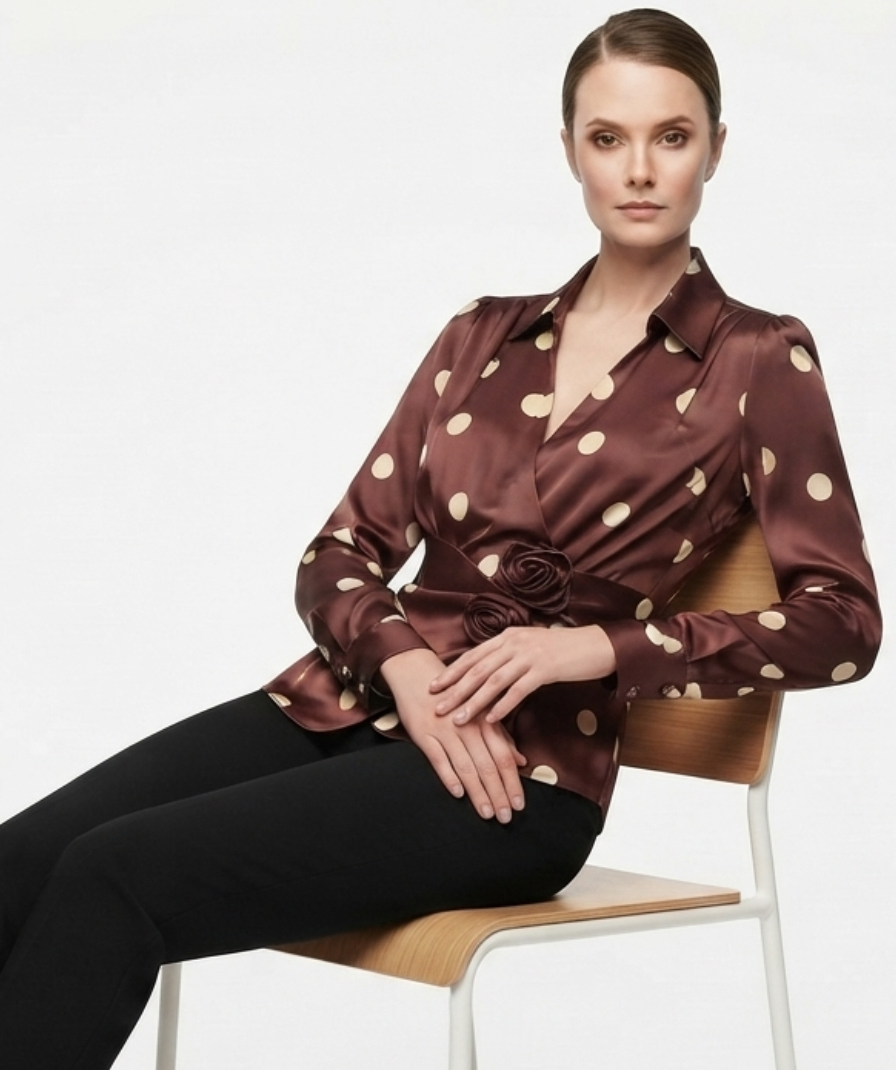 Chocolate Brown Polka Dot Wrap-Style Top with Collared V-Neck, Long Sleeves & Waist Tie Detail - Image 4