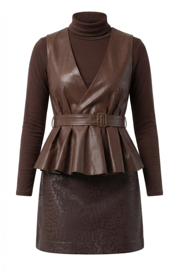 Women’s Brown Layered Wrap-Style Top with Belted Waist & Patterned Mini Skirt Set