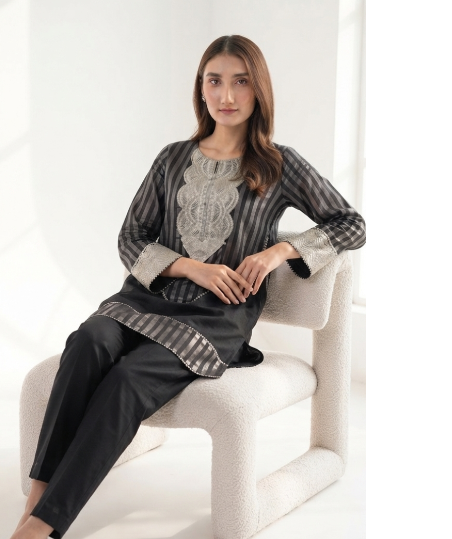 Women’s Black & Grey Striped Embroidered Straight Kurta - Image 2