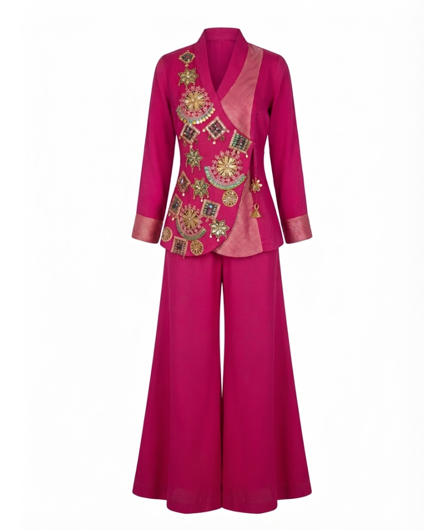 Women’s Fuchsia Pink Embellished Jacket & Wide-Leg Pants Set - Image 2