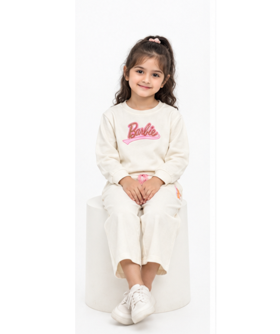 Girls’ Cream Full-Sleeve Sweatshirt & Wide-Leg Pants Set - Image 3