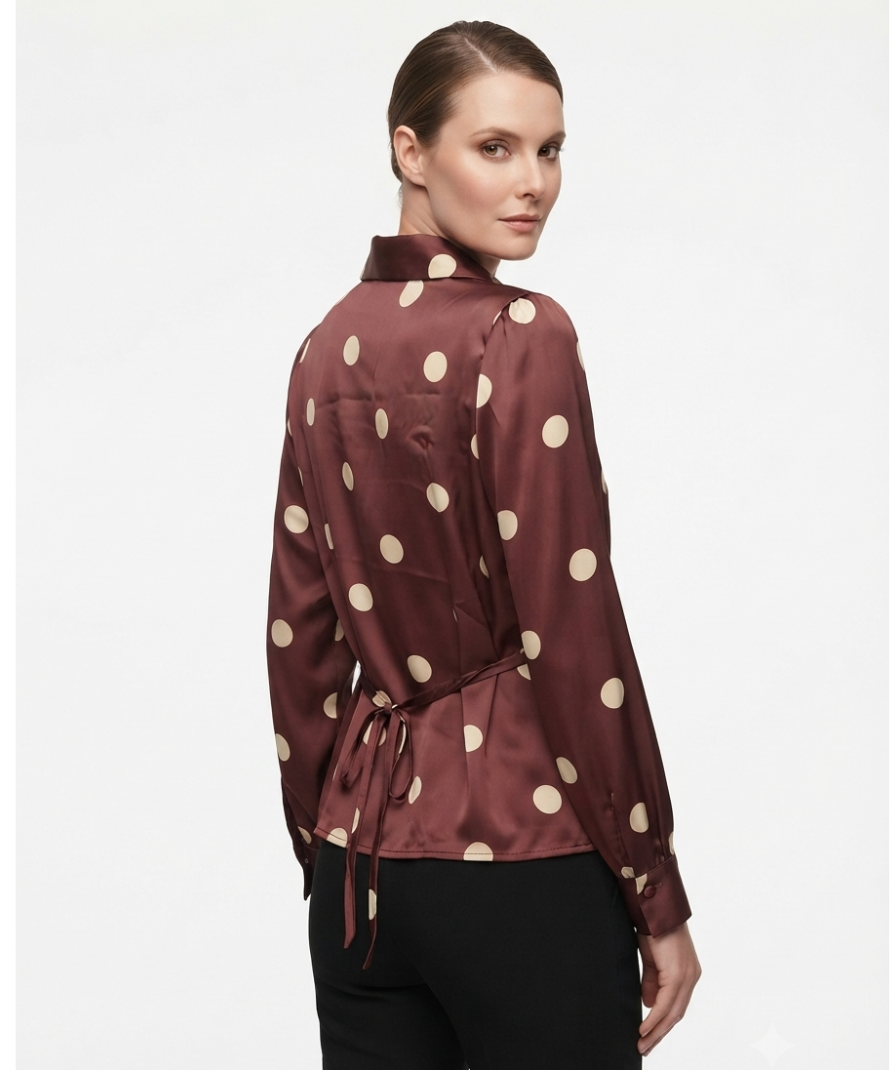 Chocolate Brown Polka Dot Wrap-Style Top with Collared V-Neck, Long Sleeves & Waist Tie Detail - Image 5