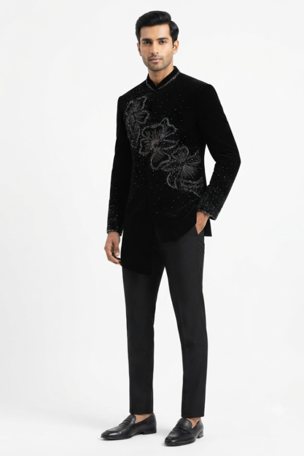 Men’s Black Floral Embellished Indo-Western