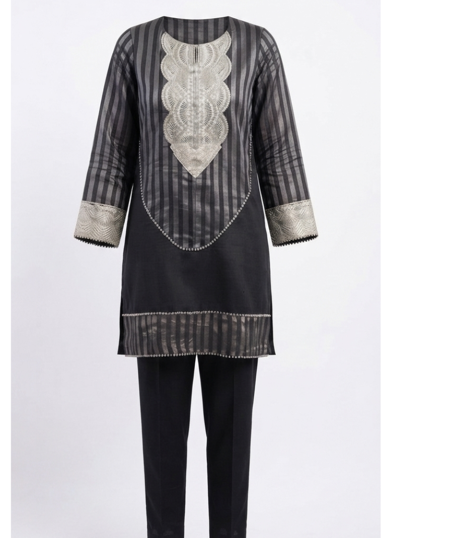 Women’s Black & Grey Striped Embroidered Straight Kurta - Image 3
