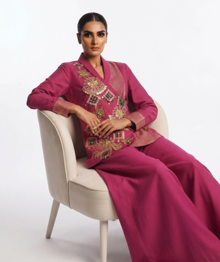 Women’s Fuchsia Pink Embellished Jacket & Wide-Leg Pants Set - Image 3