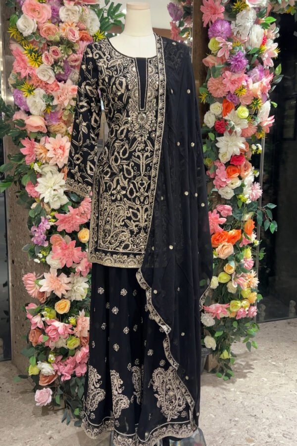 Women’s Black Embroidered Kurta Set with Wide-Leg Pants & Matching Dupatta