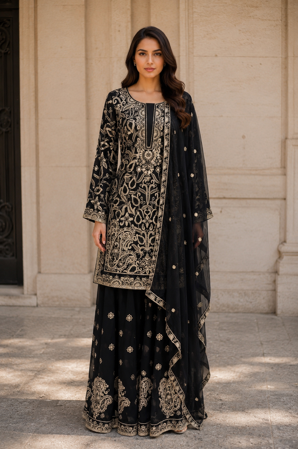 Women’s Black Embroidered Kurta Set with Wide-Leg Pants & Matching Dupatta
