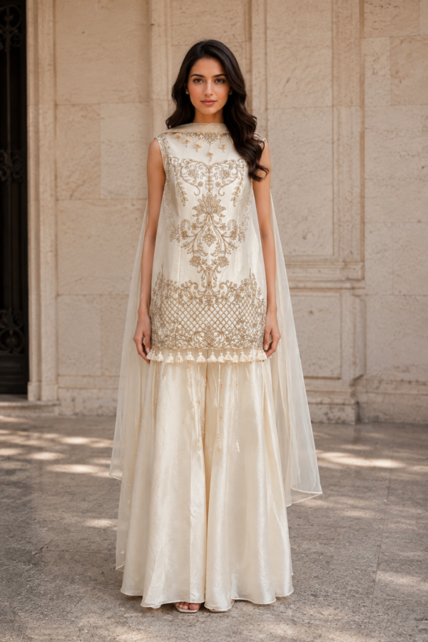 Women’s Ivory Embroidered Kurta Set with Gold Threadwork, Sleeveless Kurta & Wide-Leg Pants