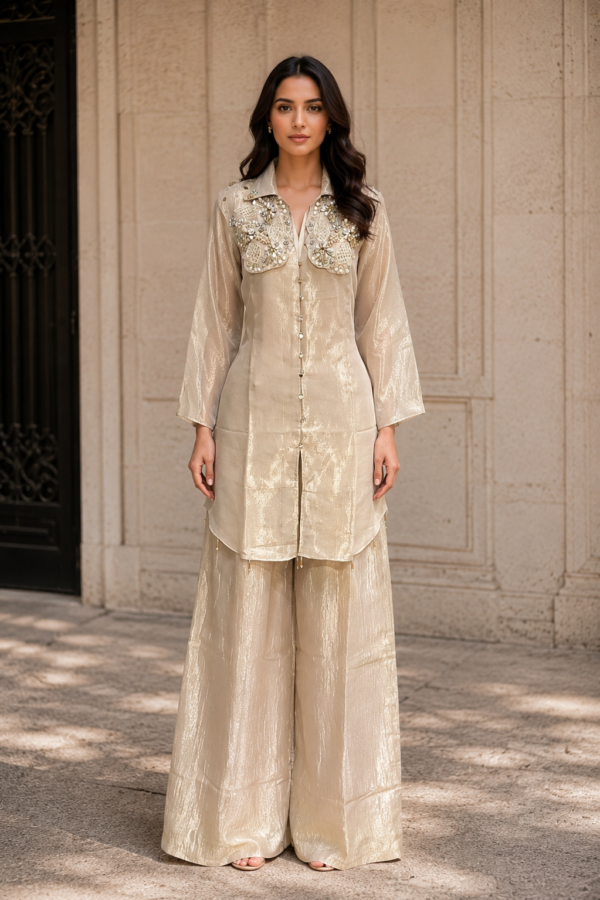 Women’s Champagne Beige Embellished Long Kurta Set