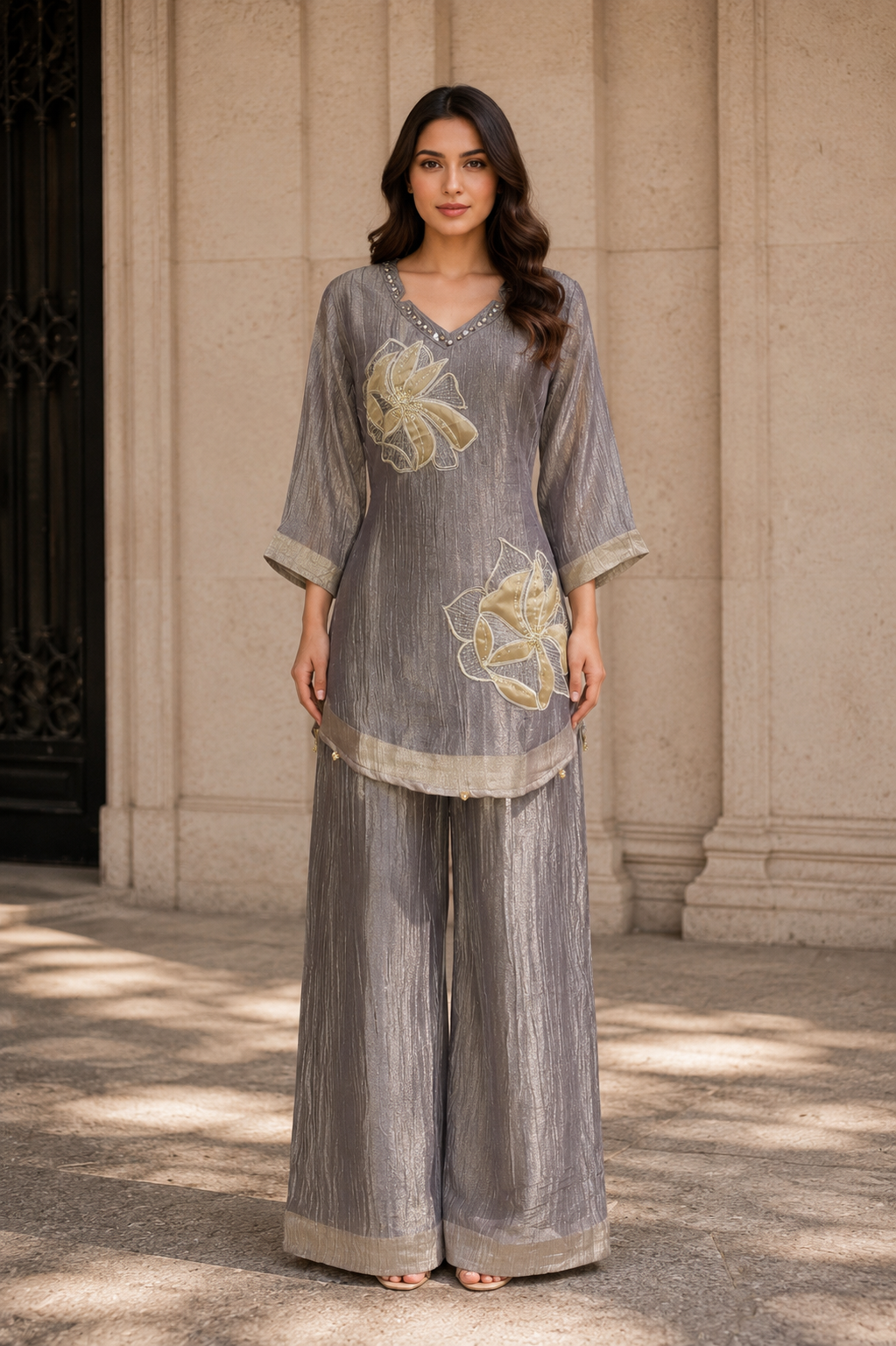 Women’s Grey Embroidered Kurta Set with Floral Motifs, V-Neck & Wide-Leg Pants