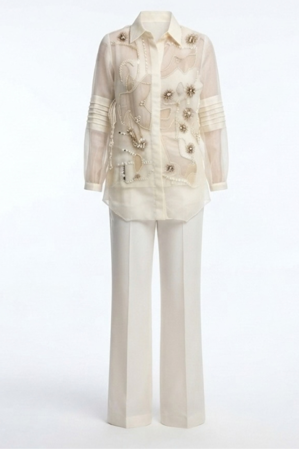 Ivory White Embellished-Detail Shirt Style Tunic & Wide-Leg Trouser Co-Ord Set with Collared Neck and Full Sleeves