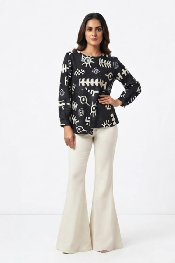 Women’s Black & White Abstract Printed Co-Ord Set with Full-Sleeve Round-Neck Top and Flared Trousers