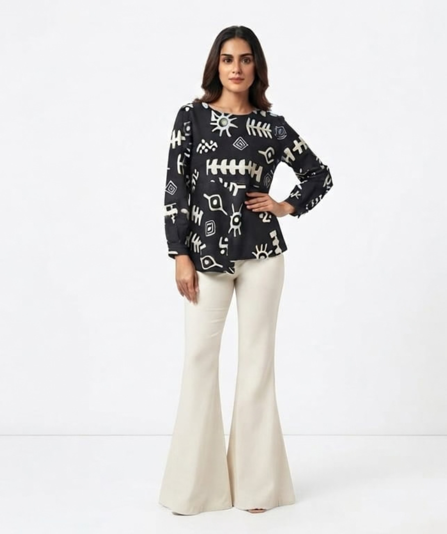 Women’s Black & White Abstract Printed Co-Ord Set with Full-Sleeve Round-Neck Top and Flared Trousers