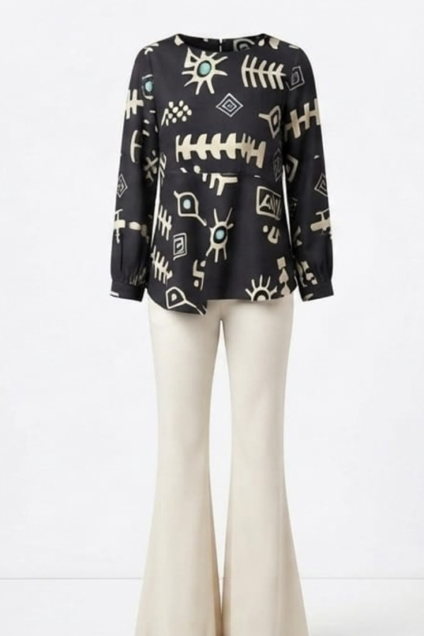 Women’s Black & White Abstract Printed Co-Ord Set with Full-Sleeve Round-Neck Top and Flared Trousers