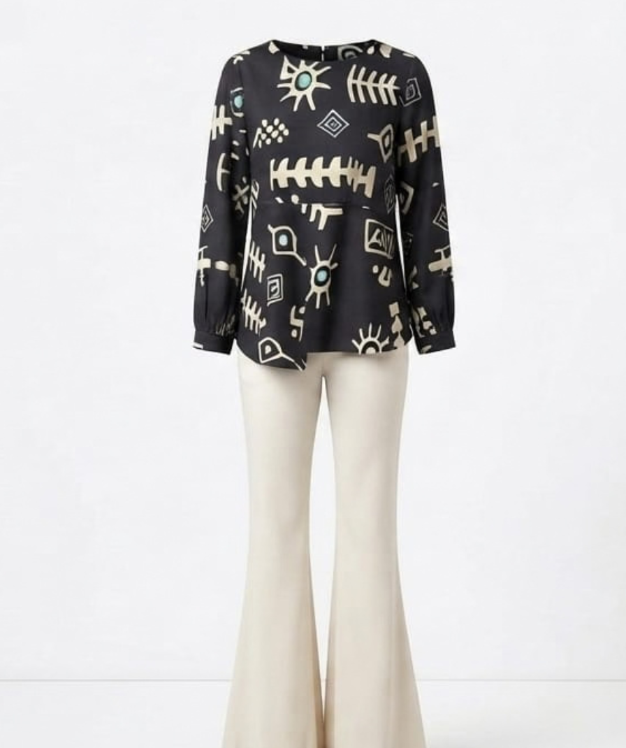 Women’s Black & White Abstract Printed Co-Ord Set with Full-Sleeve Round-Neck Top and Flared Trousers - Image 2