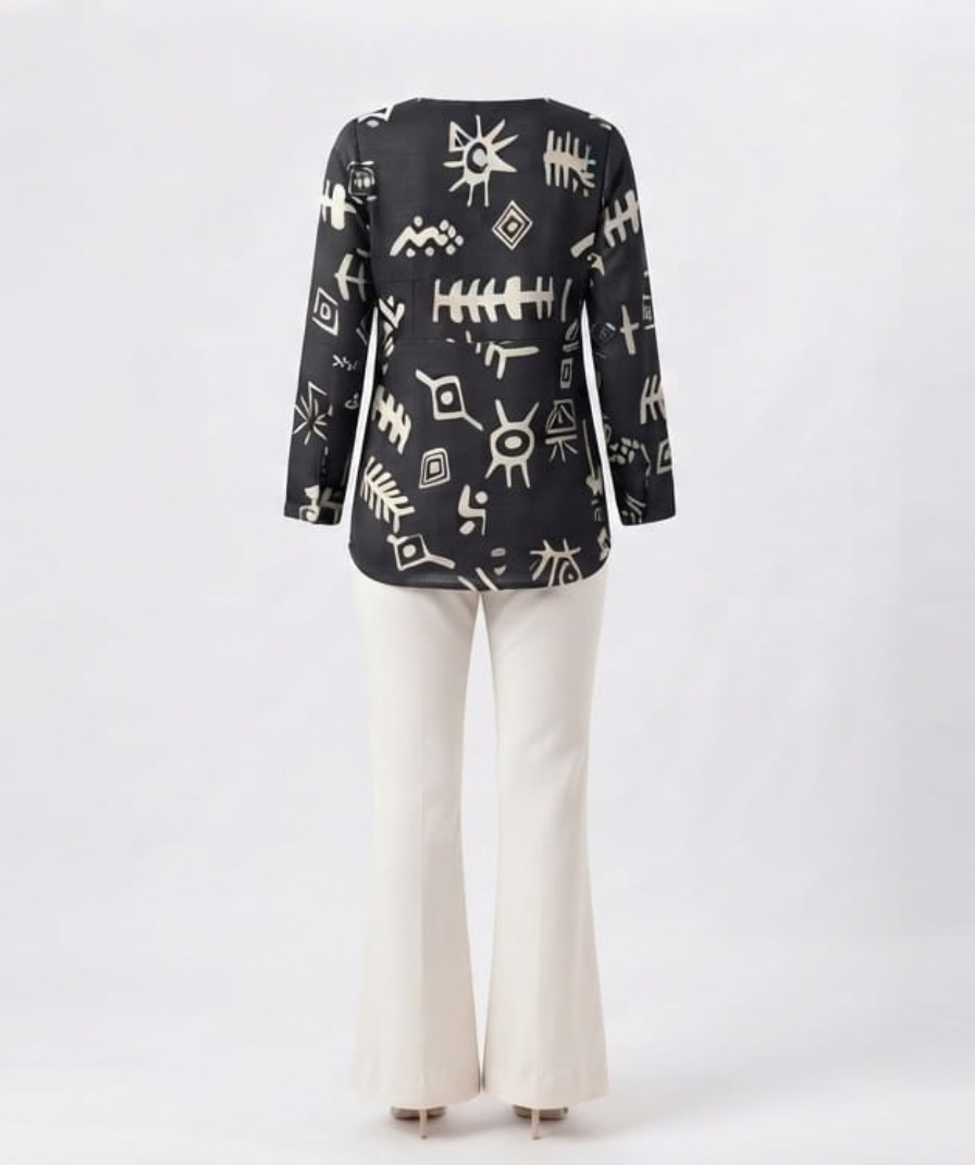 Women’s Black & White Abstract Printed Co-Ord Set with Full-Sleeve Round-Neck Top and Flared Trousers - Image 3