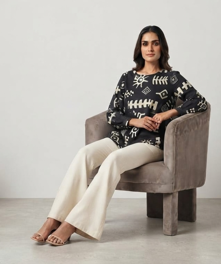 Women’s Black & White Abstract Printed Co-Ord Set with Full-Sleeve Round-Neck Top and Flared Trousers - Image 4
