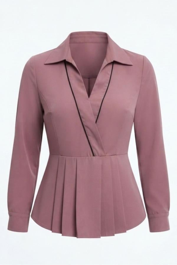 Dusty Rose Solid Peplum Top with Collared V-Neck and Long Sleeves