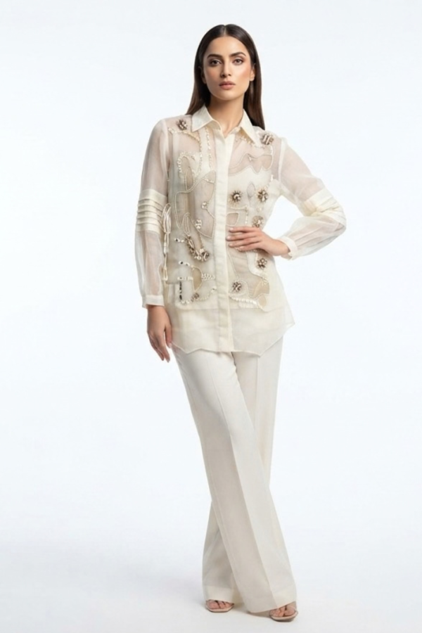 Ivory White Embellished-Detail Shirt Style Tunic & Wide-Leg Trouser Co-Ord Set with Collared Neck and Full Sleeves