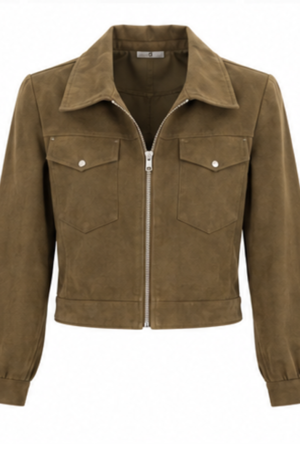Women’s Olive Green Cropped Utility Jacket with Collared Neck & Front Pockets