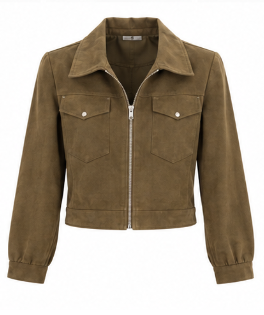 Women’s Olive Green Cropped Utility Jacket with Collared Neck & Front Pockets - Image 2