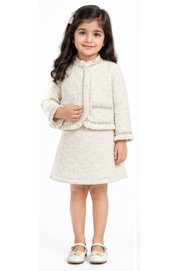 Girls’ Ivory Textured A-Line Dress Set with Ruffled Full-Sleeve