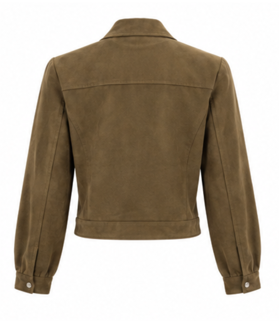 Women’s Olive Green Cropped Utility Jacket with Collared Neck & Front Pockets - Image 5