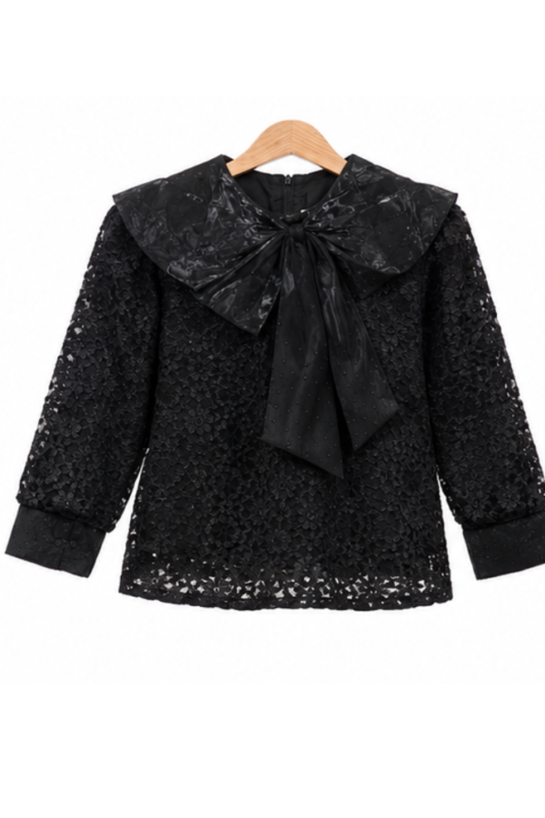 Girls’ Black Lace Top with Oversized Bow Detail