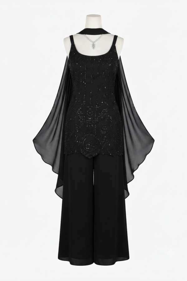 Women’s Black Embroidered Kurta, Palazzo Pants & Dupatta Set