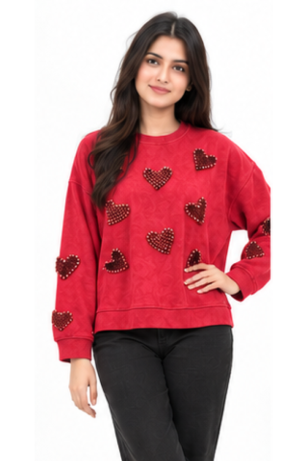 Women’s Red Heart Embellished Crew-Neck Sweatshirt