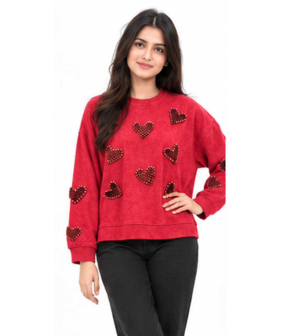 Women’s Red Heart Embellished Crew-Neck Sweatshirt