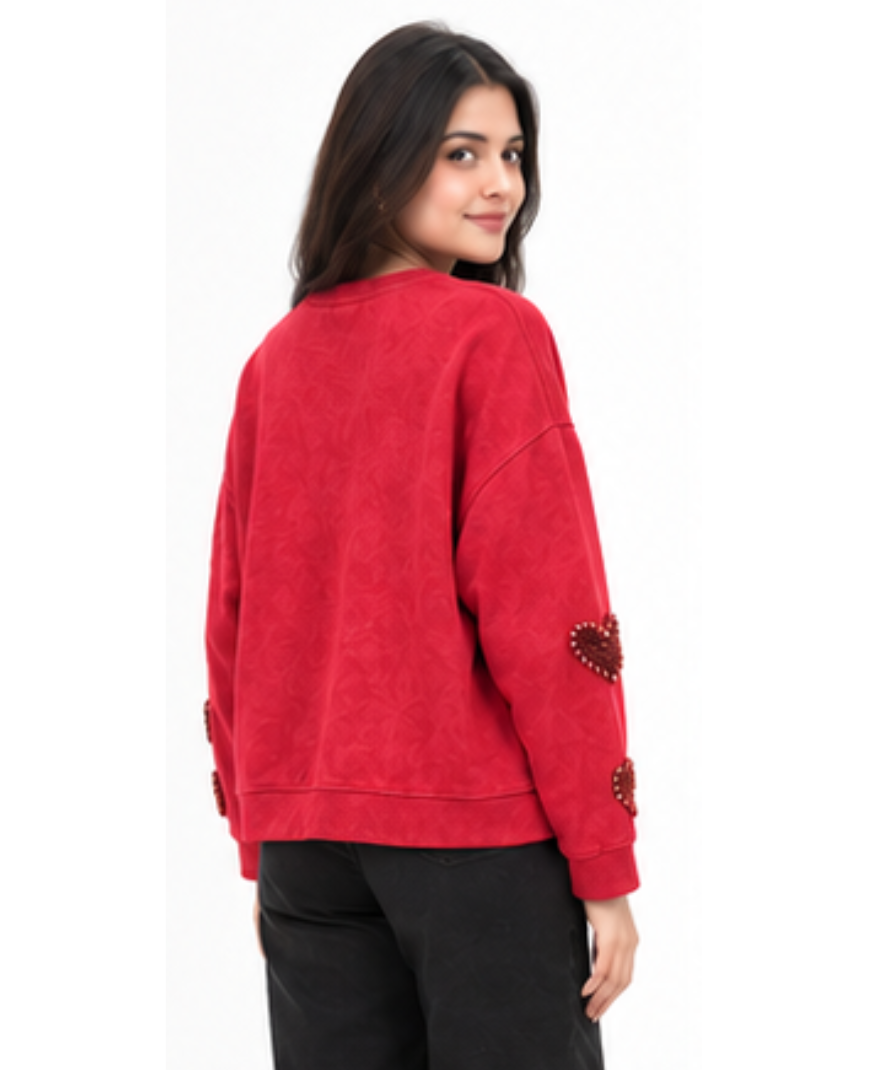 Women’s Red Heart Embellished Crew-Neck Sweatshirt - Image 4
