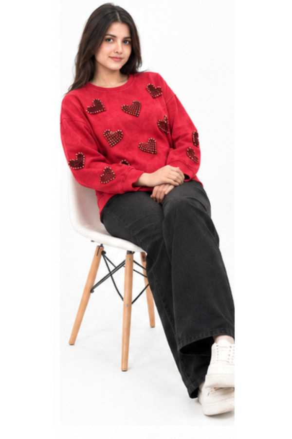 Women’s Red Heart Embellished Crew-Neck Sweatshirt