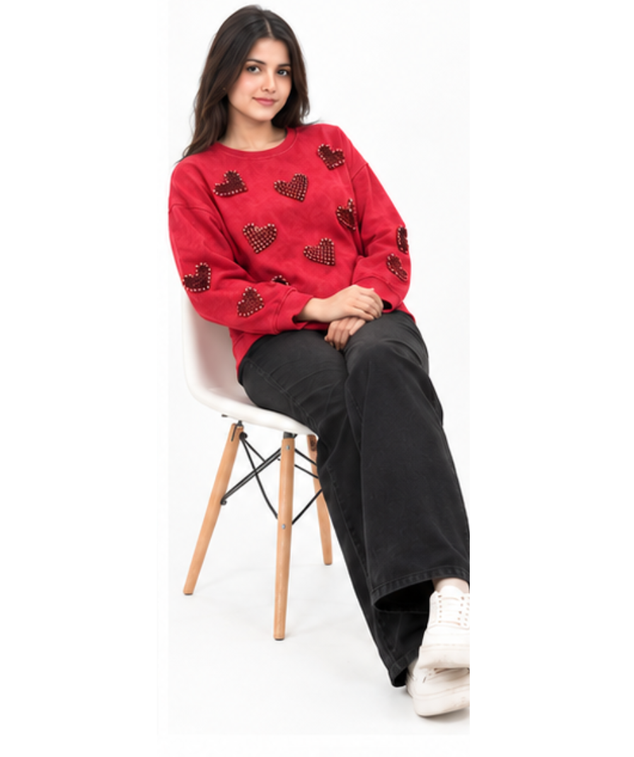 Women’s Red Heart Embellished Crew-Neck Sweatshirt - Image 2