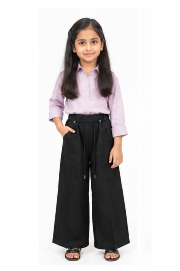 Girls’ Black Wide-Leg Drawstring Pants with Side Pockets