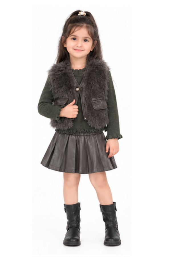 Girls Black 3-Piece Winter Outfit Set with Faux-Fur Vest