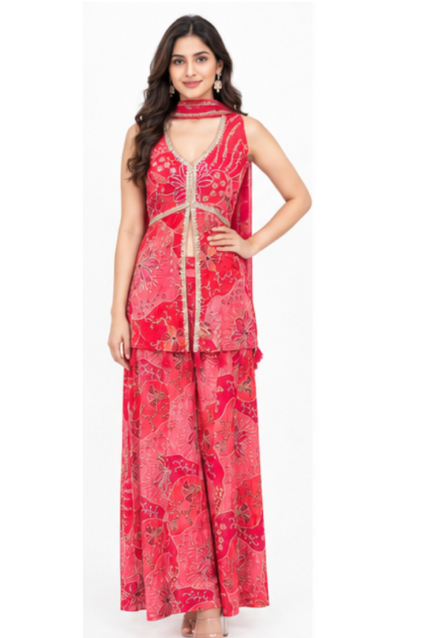 Women’s Red Printed Sleeveless Kurta & Wide-Leg Palazzo Set with Dupatta