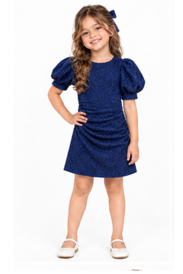 Girls’ Navy Blue Textured Puff-Sleeve Dress with Gathered Waist