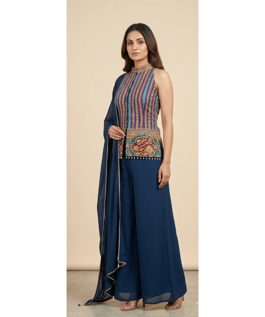 Women’s Navy Blue Printed Sleeveless Ethnic Top and Wide-Leg Pants Set - Image 3