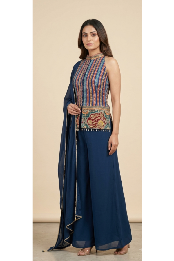 Women’s Navy Blue Printed Sleeveless Ethnic Top and Wide-Leg Pants Set