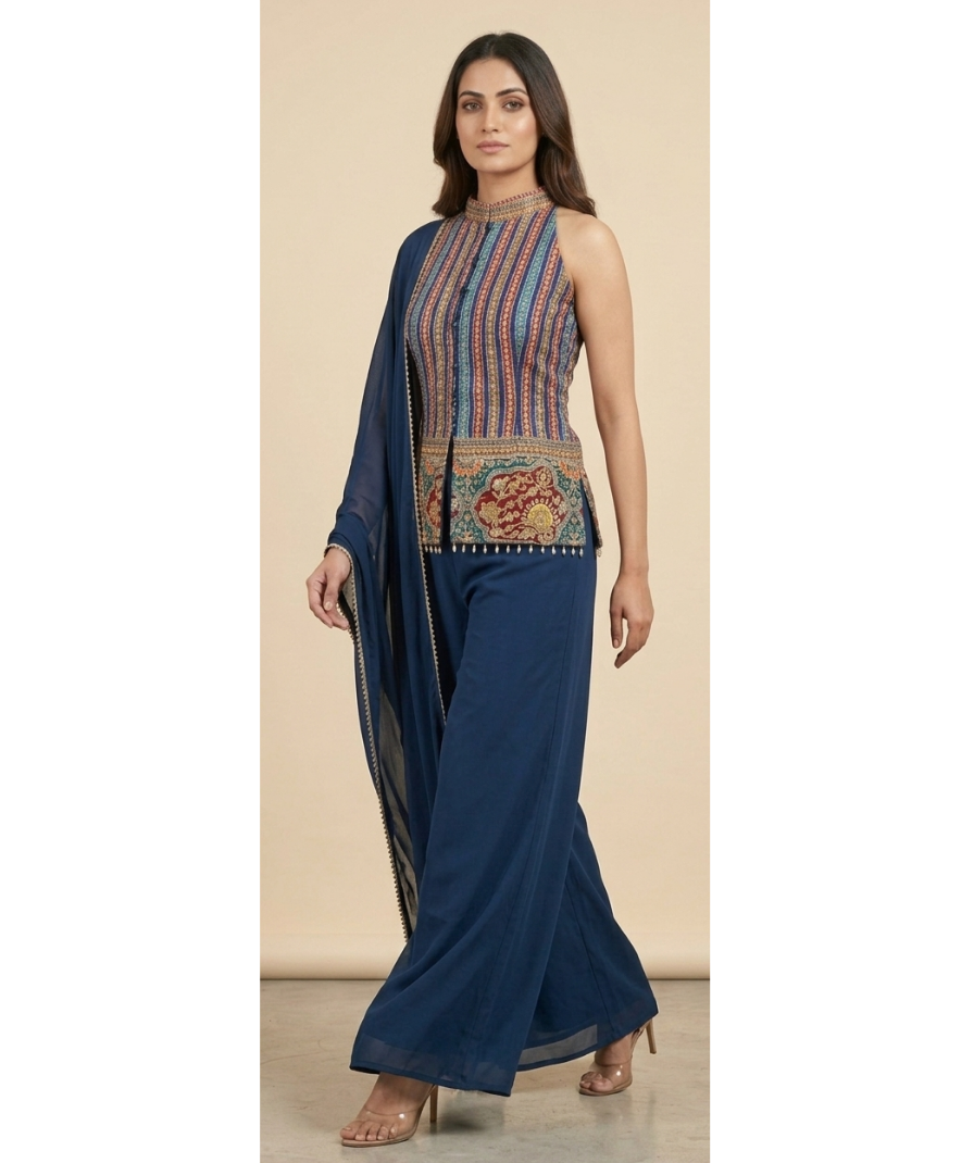 Women’s Navy Blue Printed Sleeveless Ethnic Top and Wide-Leg Pants Set - Image 4