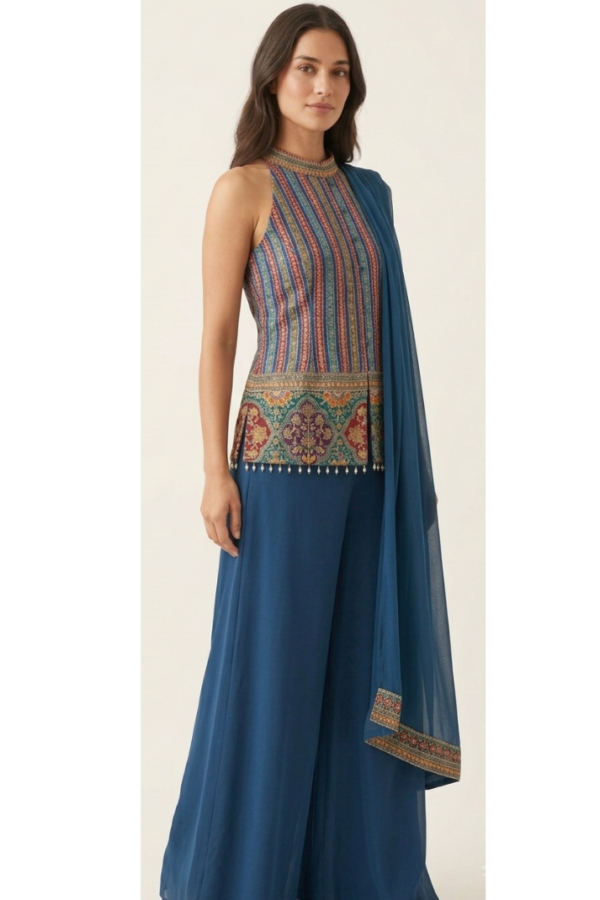 Women’s Navy Blue Printed Sleeveless Ethnic Top and Wide-Leg Pants Set