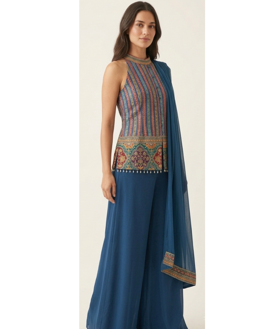 Women’s Navy Blue Printed Sleeveless Ethnic Top and Wide-Leg Pants Set - Image 2