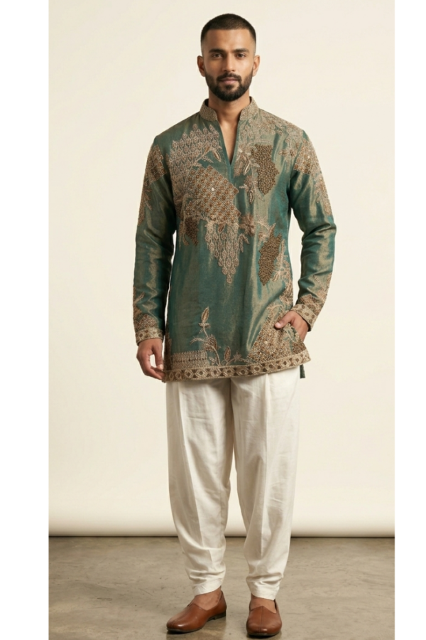 Men’s Olive Green Embroidered Ethnic Kurta with Ivory White Trousers Set – Full Sleeves,