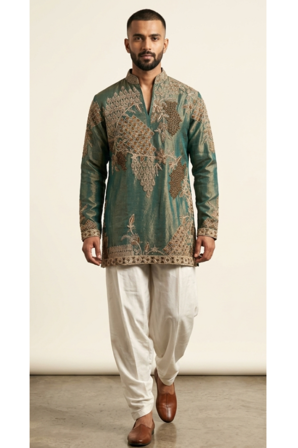 Men’s Olive Green Embroidered Ethnic Kurta with Ivory White Trousers Set – Full Sleeves,