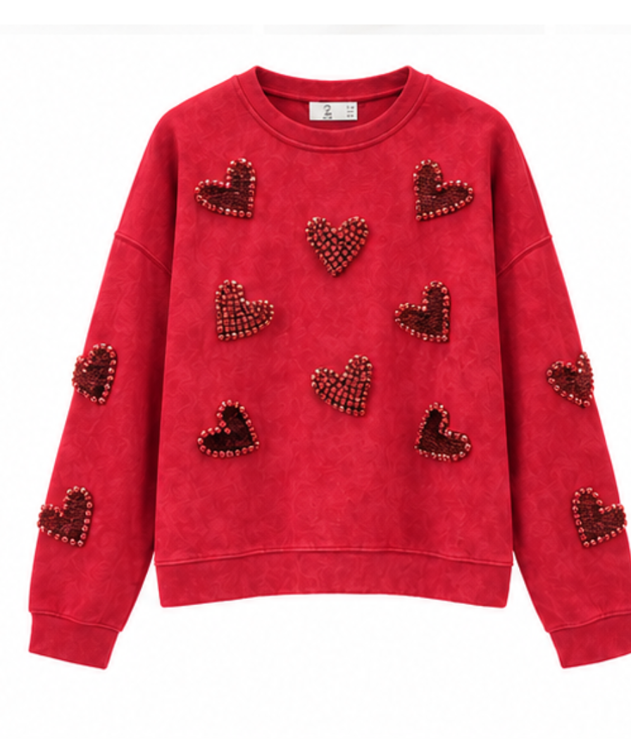 Women’s Red Heart Embellished Crew-Neck Sweatshirt - Image 5