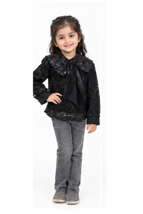 Girls’ Black Lace Top with Oversized Bow Detail